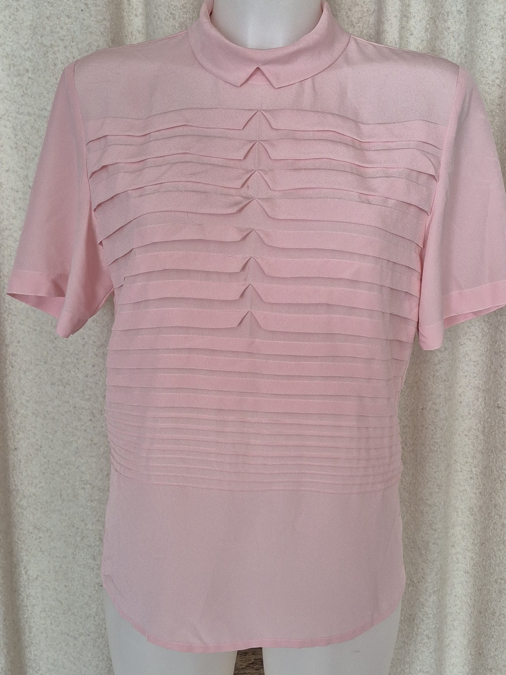 90s Vintage Simon Chang Light Pink Pleated Mock-Collar Blouse